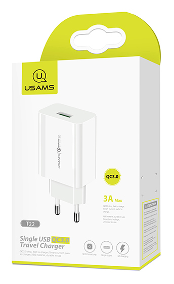 USAMS   T22, 1x USB, QC3.0 18W 3A,  CC83TC01