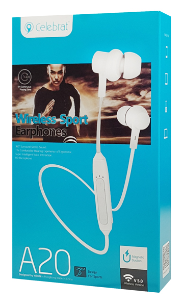 CELEBRAT earphones A20  , Bluetooth, 10mm, 70mAh,  A20-WH