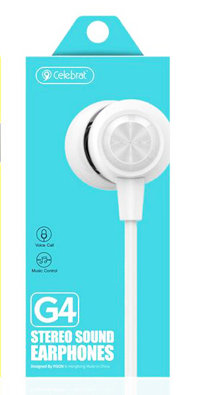 CELEBRAT earphones με μικρόφωνο G4, 3.5mm σύνδεση, Φ10mm, 1.2m, λευκό G4-WH