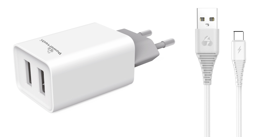 POWERTECH φορτιστής τοίχου PT-776 με καλώδιο USB-C, 2x USB, 2.1A, λευκό PT-776