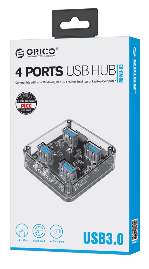 ORICO USB hub MH4U-U3, 4x θυρών, 5Gbps, διάφανο MH4U-U3-10-CR-BP