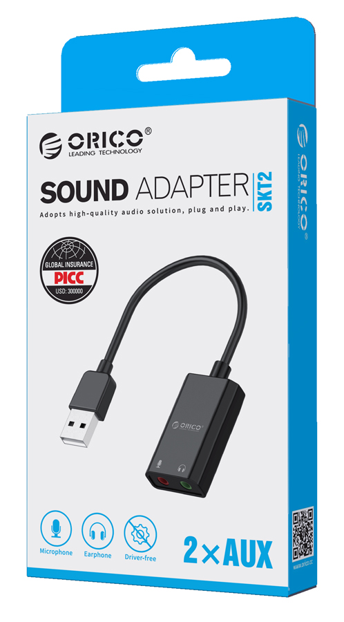 ORICO USB   SKT2, USB2.0, 2x 3.5mm,  SKT2-BK-BP