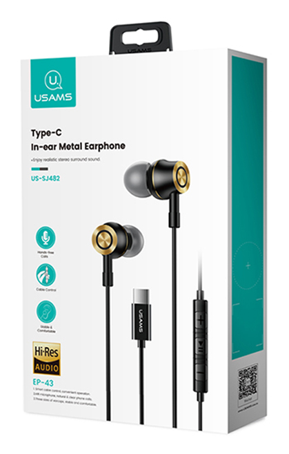 USAMS earphones   US-SJ482, USB-C , 10mm, 1.2m,  HSEP4301