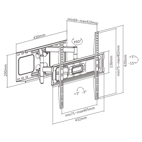 BRATECK επιτοίχια βάση LPA69-446 για τηλεόραση 32-70, full motion, 45kg LPA69-446