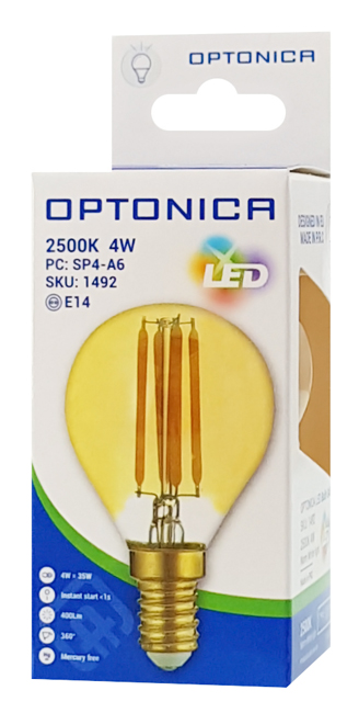 OPTONICA LED  G45 Filament 1492, 4W, 2500K, E14, 400lm OPT-1492