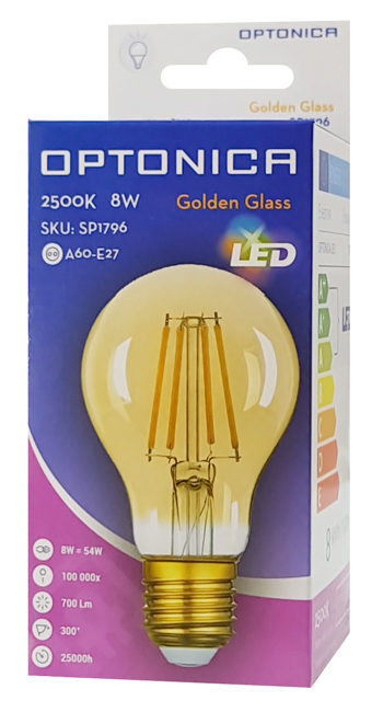 OPTONICA LED λάμπα A60 Filament 1796, 8W, 2500K, E27, 700lm OPT-1796