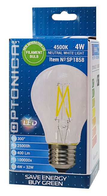 OPTONICA LED  A60 Filament 1858, 4W, 4500K, E27, 400lm OPT-1858