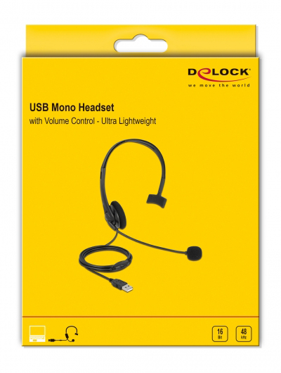 DELOCK headphones με μικρόφωνο 27177, mono, USB, volume control, μαύρα 27177