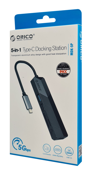 ORICO docking station MDK-5P, 5 θυρών, USB-C σύνδεση, 4K, μαύρο MDK-5P-BK-BP