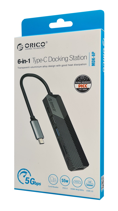 ORICO docking station MDK-6P, 6 θυρών, USB-C σύνδεση, 55W PD, 4K, μαύρο MDK-6P-BK-BP