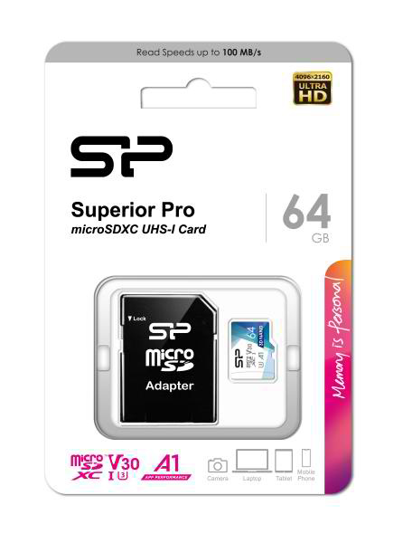 SILICON POWER κάρτα μνήμης microSDXC Superior Pro, 64GB, Class 10 UHS-I U3 A1 V30 SP064GBSTXDU3V20AB