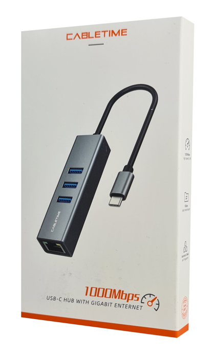 CABLETIME USB-C hub CT-CMLU3, RJ45 & 3x USB , 5Gbps, 1000Mbps,  CT-CMLU3-AG