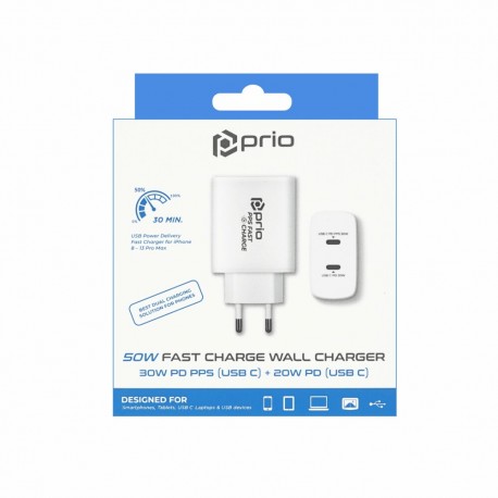 Prio Type-C Wall Adapter 50W PD 30W PD PPS (USB C) + 20W PD (USB C) White