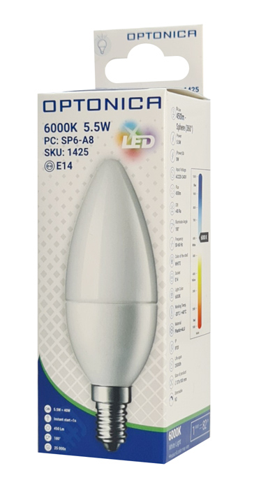 OPTONICA LED λάμπα C37 1425, 5.5W, 6000K, E14, 450lm OPT-1425