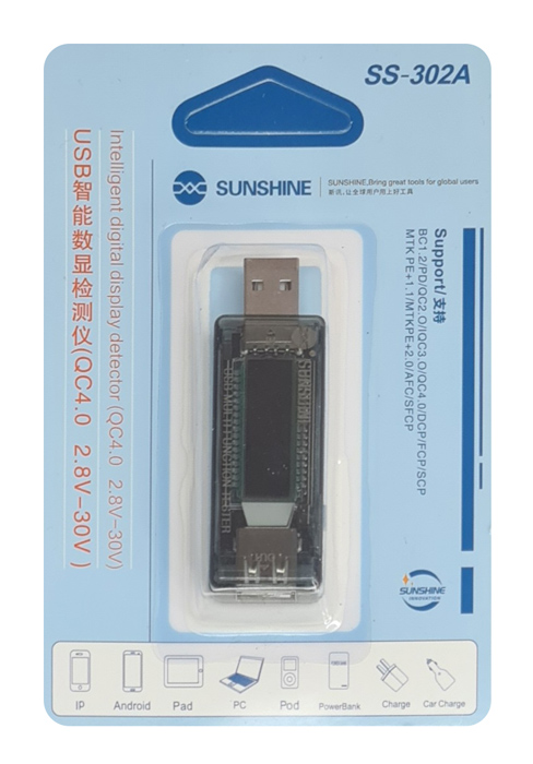 SUNSHINE USB tester φόρτισης SS-302A, V/A/Time/mAh SS-302A