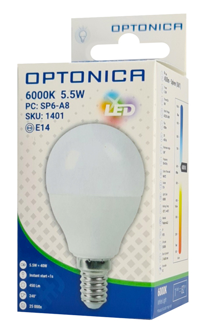 OPTONICA LED  G45 1401, 5.5W, 6000K, E14, 450lm OPT-1401