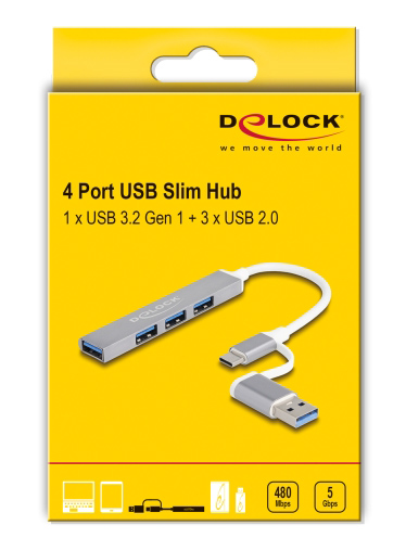 DELOCK USB hub 64214, 4x , 5Gbps, USB & USB-C ,  64214