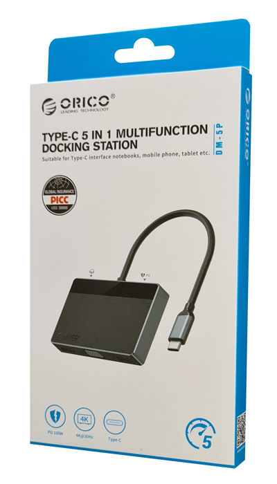 ORICO docking station DM-5P, 5 θυρών, USB-C σύνδεση, 100W PD, 4K, μαύρο DM-5P-BK-BP