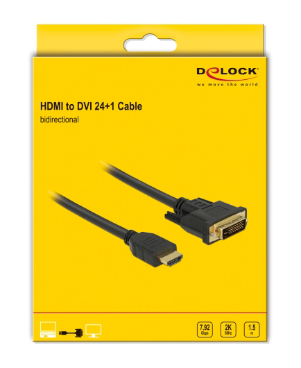 DELOCK  HDMI  DVI 85653, 2K/60Hz, 7.92 Gbps, 1.5m,  85653