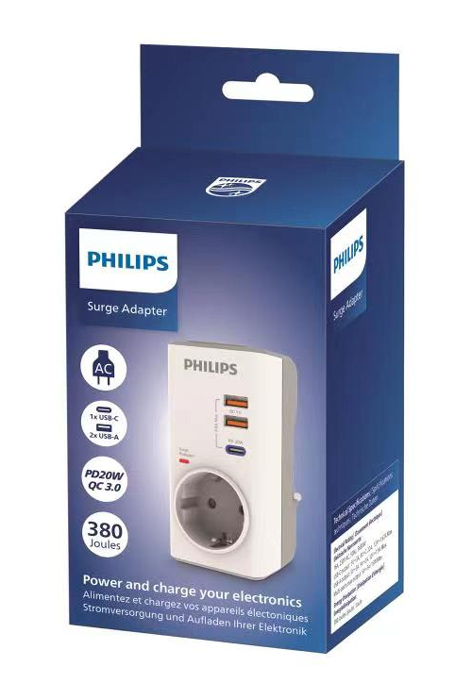 PHILIPS αντάπτορας ρεύματος CHP8010W/10, 1 θέση, USB-C/USB, 380J, λευκός CHP8010W-10