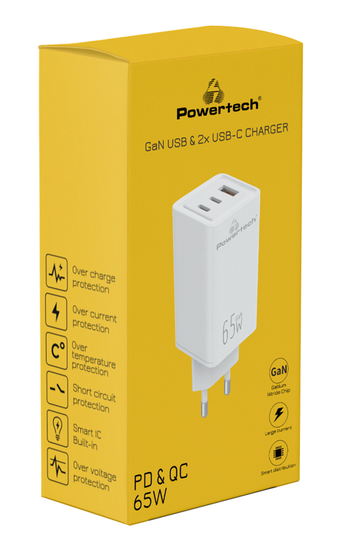 POWERTECH φορτιστής τοίχου PT-1094, USB & 2x USB-C, 65W, GaN, λευκός PT-1094