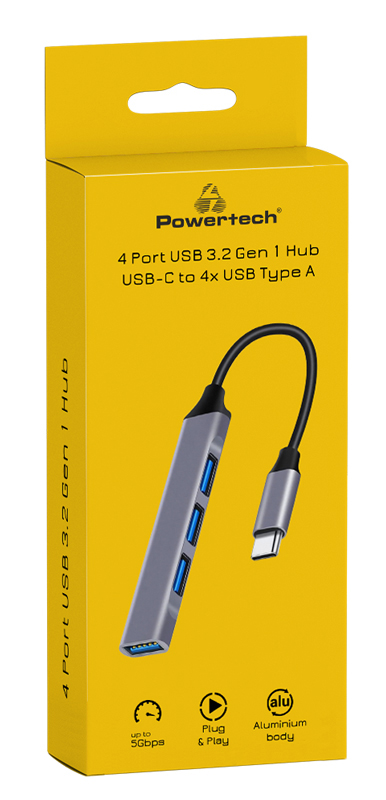 POWERTECH USB hub PT-1113, 4x , 5Gbps, USB-C ,  PT-1113