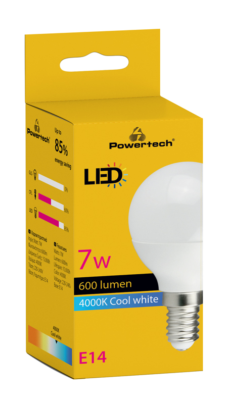 POWERTECH LED  mini globe E14-010, 7W, 4000K, E14, 600lm E14-010