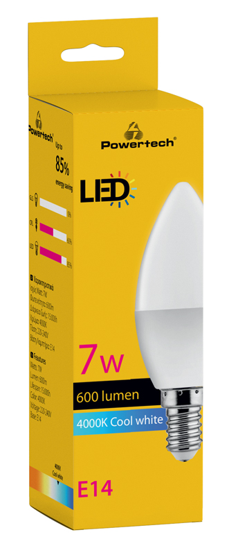 POWERTECH LED λάμπα candle E14-011, 7W, 4000K, E14, 600lm E14-011