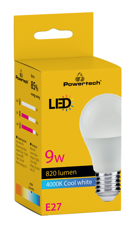 POWERTECH LED  E27-020, 9W, 4000K, E27, 820lm E27-020