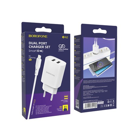 Borofone BN2 2Usb Wall Adapter Charger 2.1A+Usb/Lightning Cable White