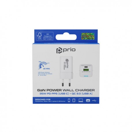 Prio Wall Adapter Charger GaN Power 35W PD PPS USB C+QC 3.0 USB A White