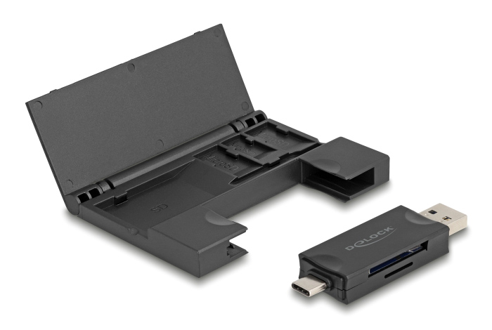 DELOCK card reader 91014 για SD & micro SD, με θήκη, USB/USB-C, 5Gbps, μαύρο 91014