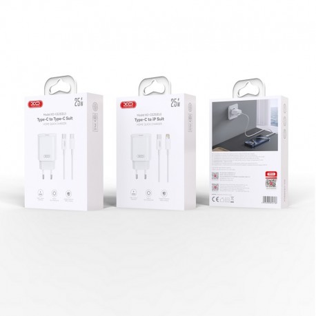 XO CE25 PD Wall Adapter Charger 25W Usb-C+Usb-C/Usb-C Data Cable White