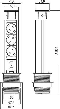 Πολύπριζο GTV In-desk recessed extension cord 60mm silver 3 x SCHUKO 2 x USB 2.1A 5V 1.5m (AE-BPW3S60U-80)