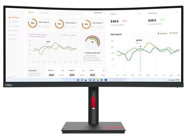 LENOVO Monitor ThinkVision T34w-30 34 WQHD VA, Curved, Slim Bezel, RJ45, HDMI, USB-C, Display Port,  Height adjustable, 3YearsW