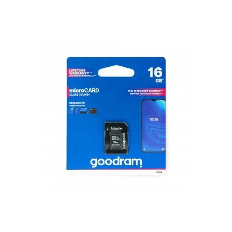 Goodram MicroSD Card 16GB+Adapter Class 10 Up to 100MB/s