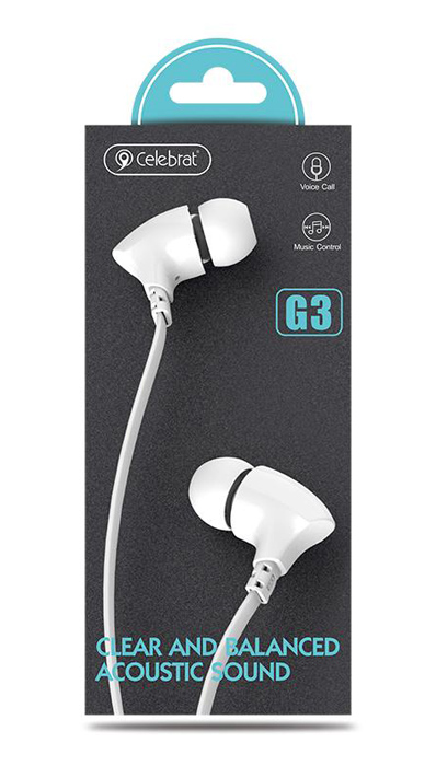 CELEBRAT earphones με μικρόφωνο G3, 3.5mm σύνδεση, Φ10mm, 1.2m, λευκά G3-WH