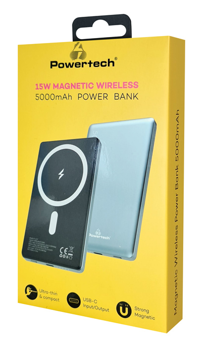 POWERTECH power bank PT-1171, 5000mAh, magnetic wireless, 15W,  PT-1171