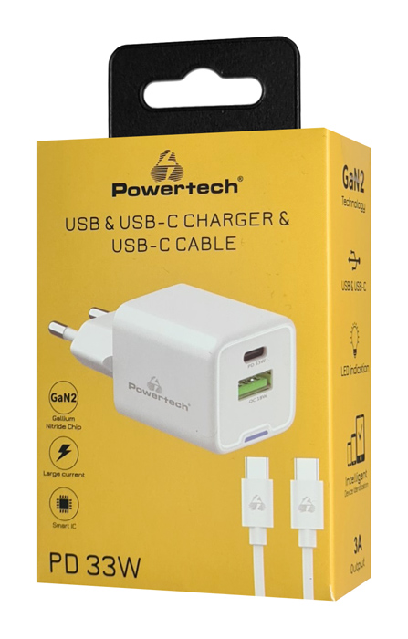 POWERTECH φορτιστής τοίχου PT-1224, καλώδιο, USB/USB-C, 33W, GaN, λευκός PT-1224