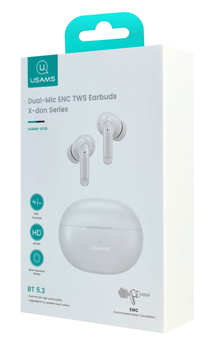 USAMS earphones με θήκη φόρτισης US-XD19, TWS, ENC, Φ13mm, λευκά BHUENCXD02