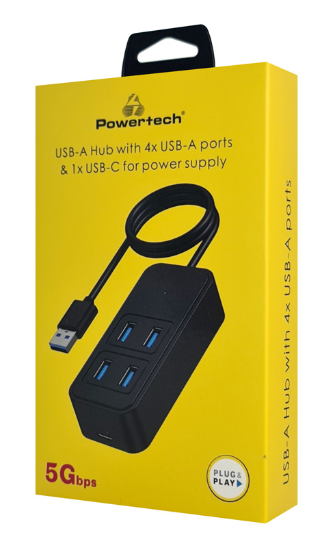 POWERTECH USB 3.2 hub PTR-0157, 4x θυρών, 5Gbps, USB σύνδεση, 1m, μαύρο PTR-0157