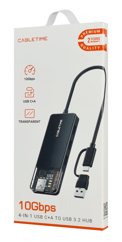 CABLETIME USB hub CT-HUBT5-PB, 4x , 10Gbps, USB/USB-C ,  CT-HUBT5-PB