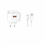 XO L59 Travel Adapter 1Usb+Type-C Data Cable QC 3A 18W White