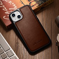 iCarer WMI14220717 iPhone 14 Genuine Leather TPU Back Cover Dark Brown