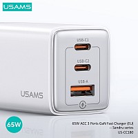 USAMS   US-CC180, USB & 2x USB-C, 65W PD, GaN,  CC180TC02