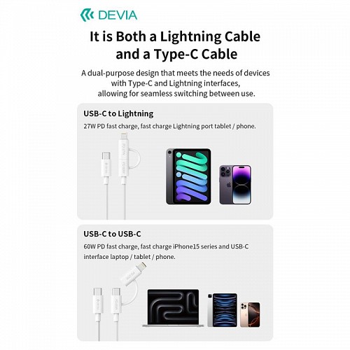   USB 2.0 Devia EC688 2  1 USB C  USB C PD 60W & Lightning 27W 1.2m Smart 