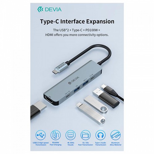 Hub USB C Devia EC702 5 σε 1 PD 100W & HDMI Leopard Γκρι