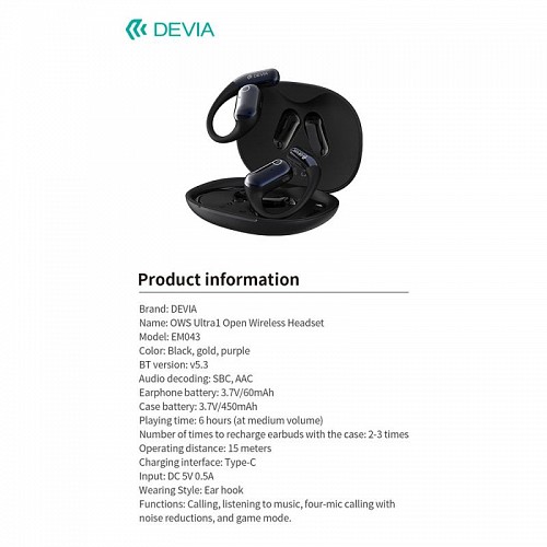 True Wireless Ακουστικά Bluetooth Devia OWS EM403 Ultra1 Open Μαύρο