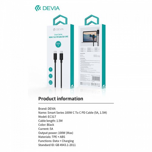   USB 2.0 Devia EC317 USB C  USB C PD 100W 1.5m Smart 