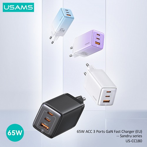 USAMS φορτιστής τοίχου US-CC180, USB & 2x USB-C, 65W PD, GaN, μαύρος CC180TC01